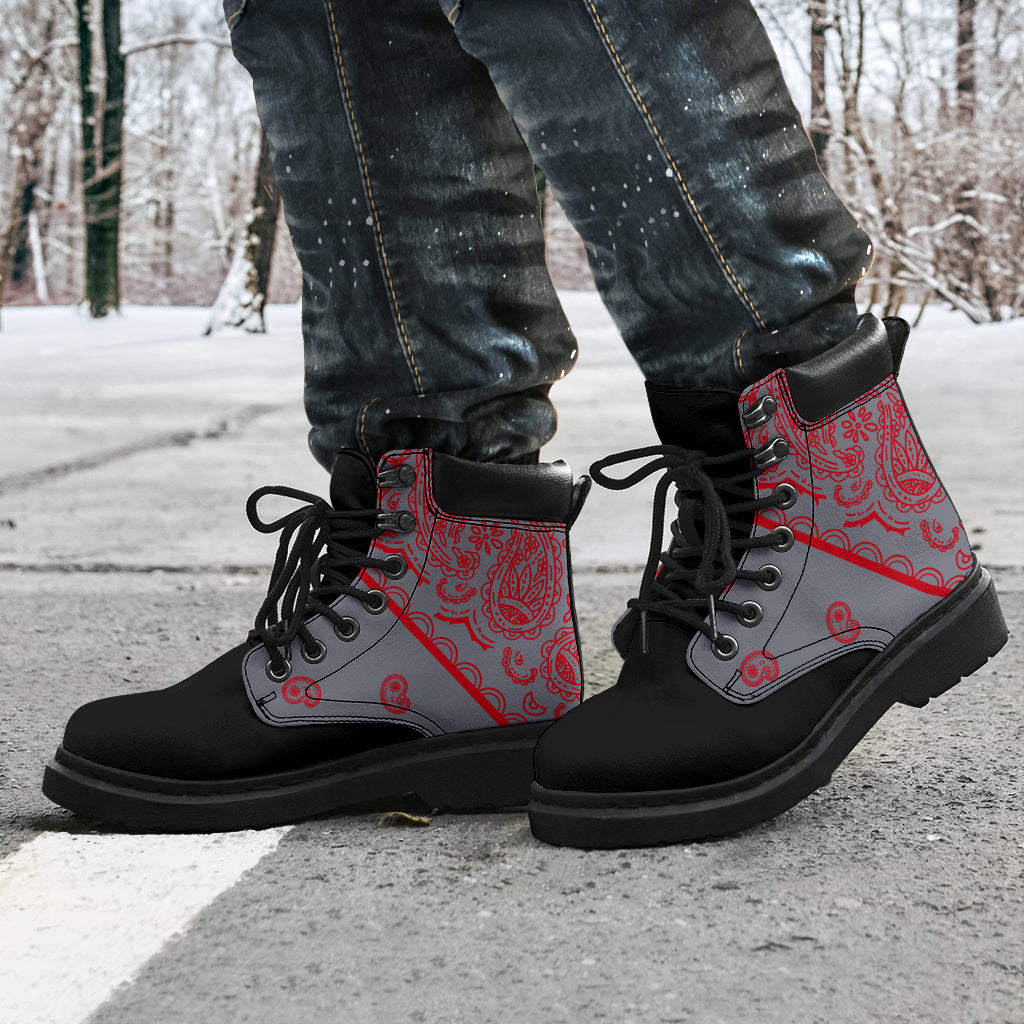 gray and red bandana boots