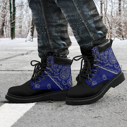 men's blue and gray bandana boots