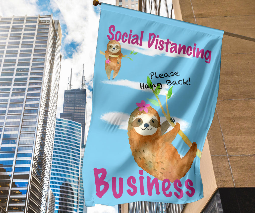 store signs for social distancing with sloths