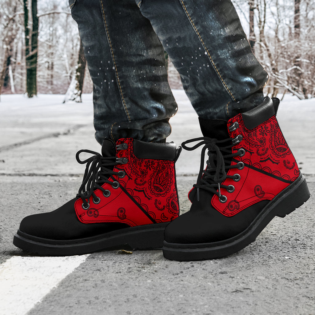 red and black bandana print boots