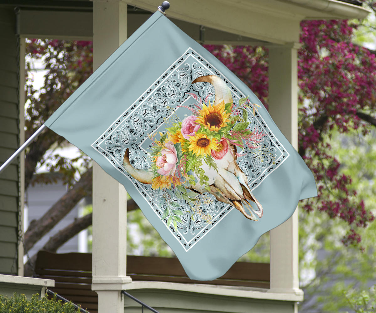 Blue Bandana Cow Skull Home and Garden Flags
