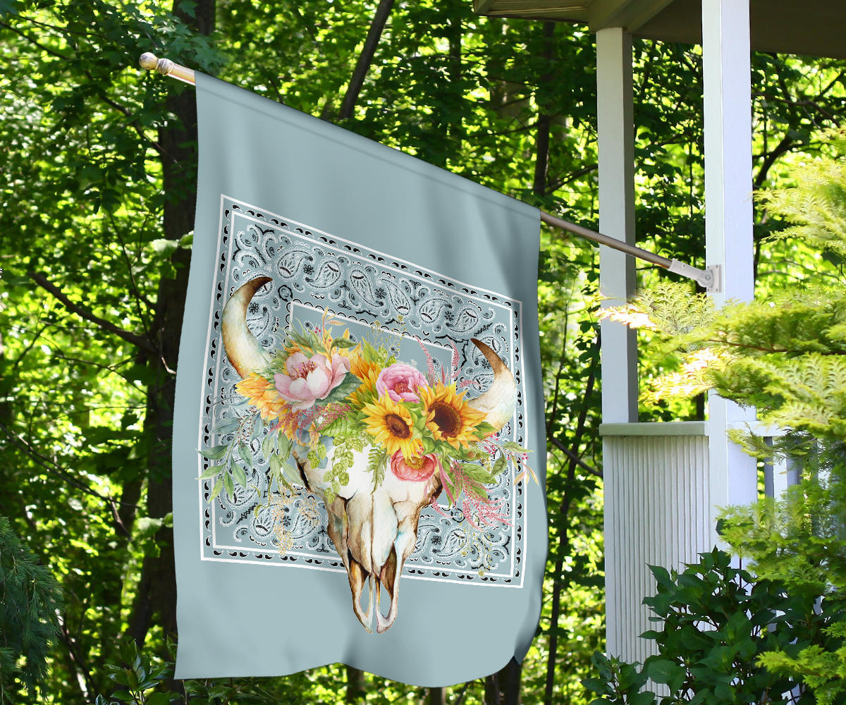 Blue Bandana Cow Skull Home and Garden Flags