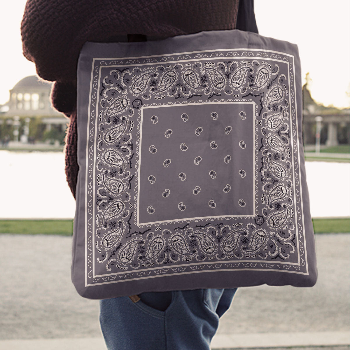 gray bandana tote bags