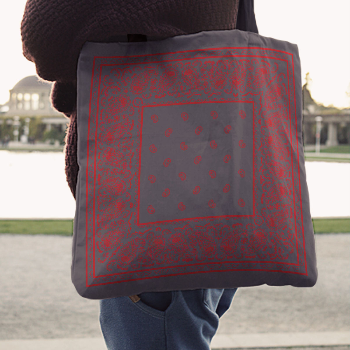 gray and red bandana tote bag