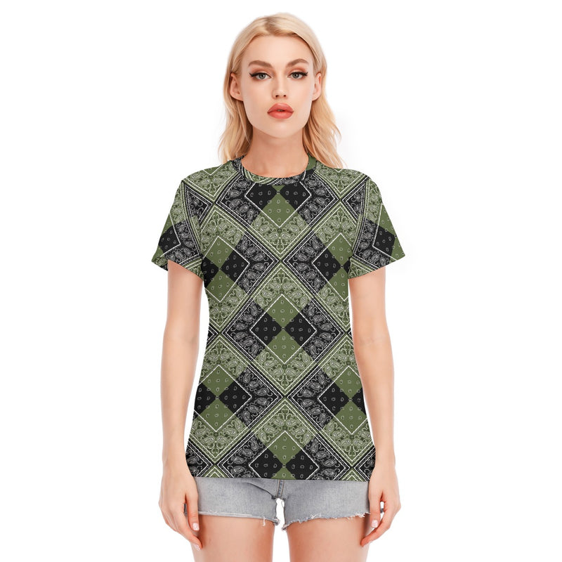 Women's Army Green Black Diamond Cotton Tee