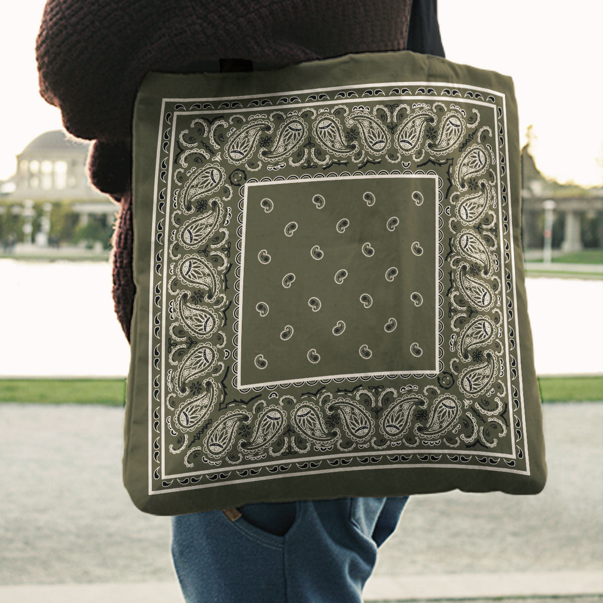 khaki green bandana tote bag