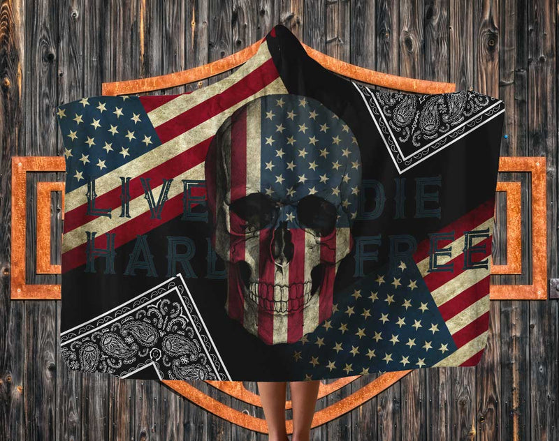 Live Hard Flag and Skull Hooded Blanket