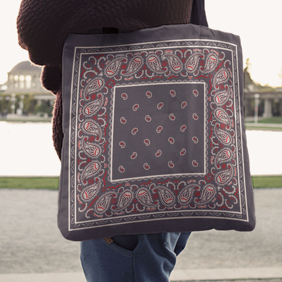 Gray and Red Paisley Bandana Tote Bag
