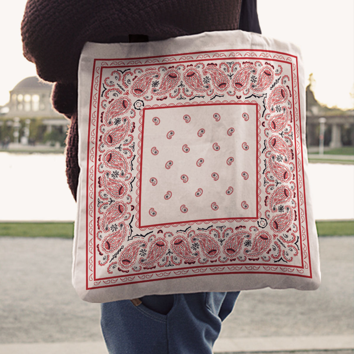 white and red Paisley Bandana Tote Bag
