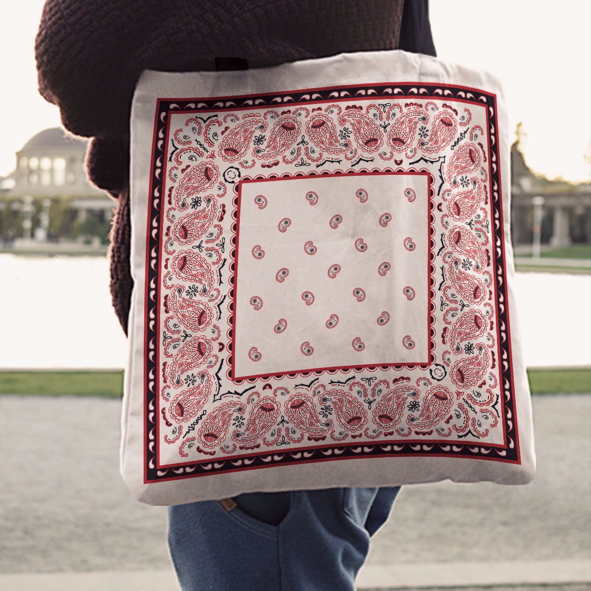 White Red and Black Paisley Bandana Tote Bag